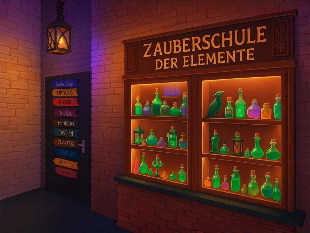 Beleuchteter Schaukasten mit grünen Zaubertränken, Rabe und Wegweisertür – Zauberschule der Elemente, Krefeld.