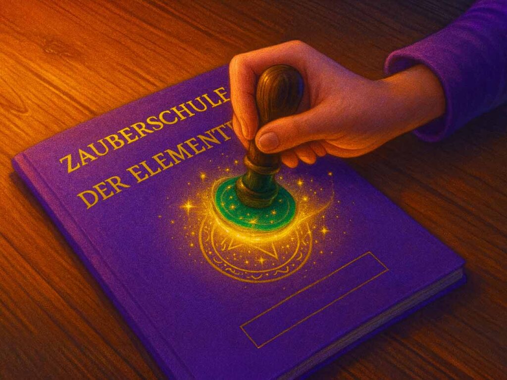 Magisches Zertifikat der Zauberschule der Elemente – lila Buch mit goldenem Stempel als Erinnerung an bestandene Abenteuer.